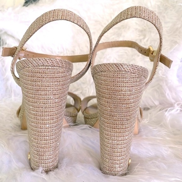 Michael Kors Pale Gold Metallic Shimmer Ankle Strap Block Heeled Sandals Pumps - Picture 5 of 16